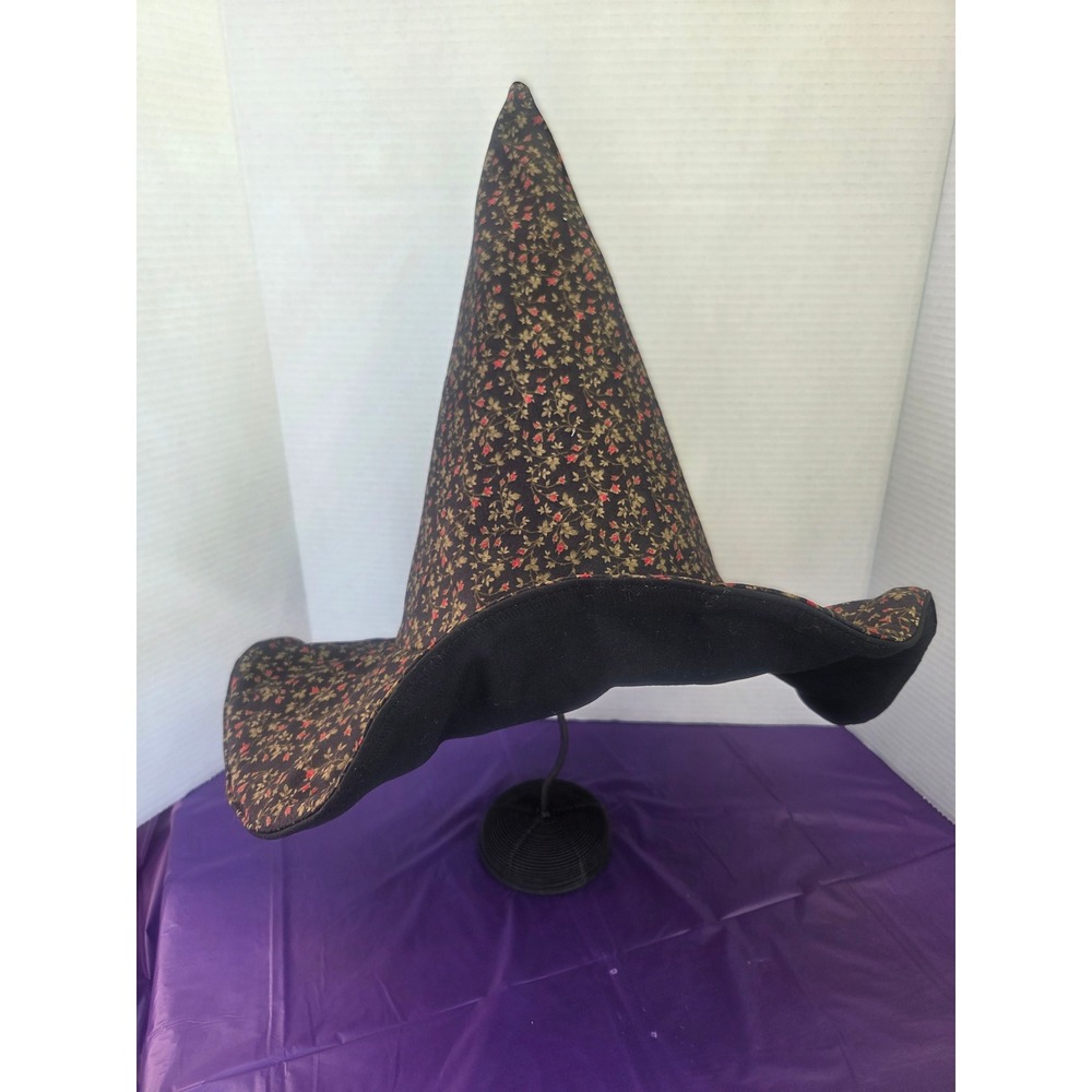 Handmade Ditsy Floral Pointed Witch Hat Black Red Tan Wide Brim Costume Hat